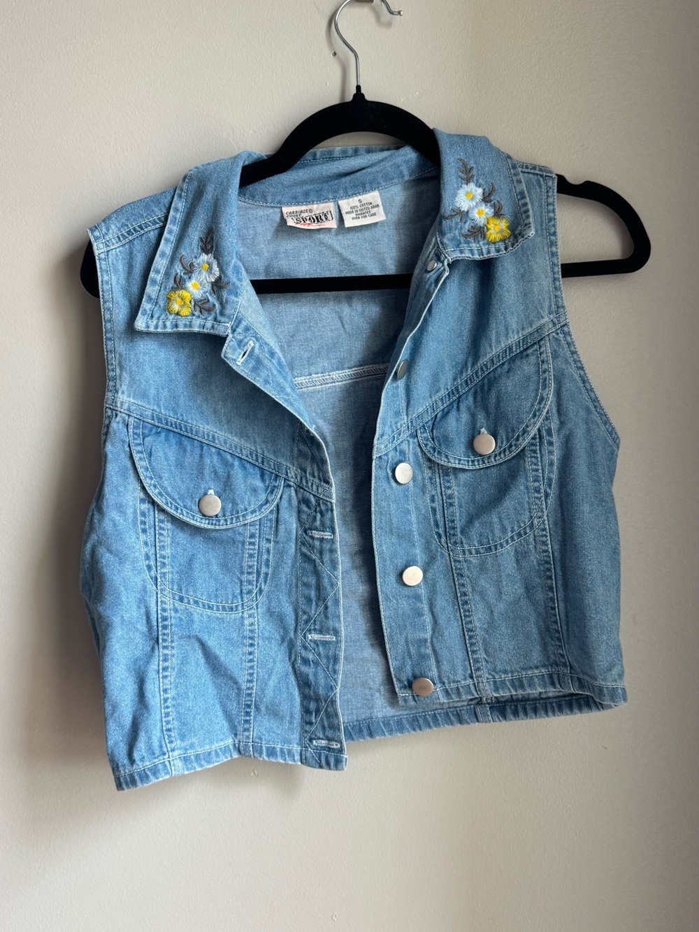 Vintage Denim Vest Embroidered Floral Crop Western Cottagecore Y2K S Festival